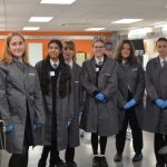 Picture showing the six Gosford Hill students in the Intertronics Technology Centre, about to embark on a practical session