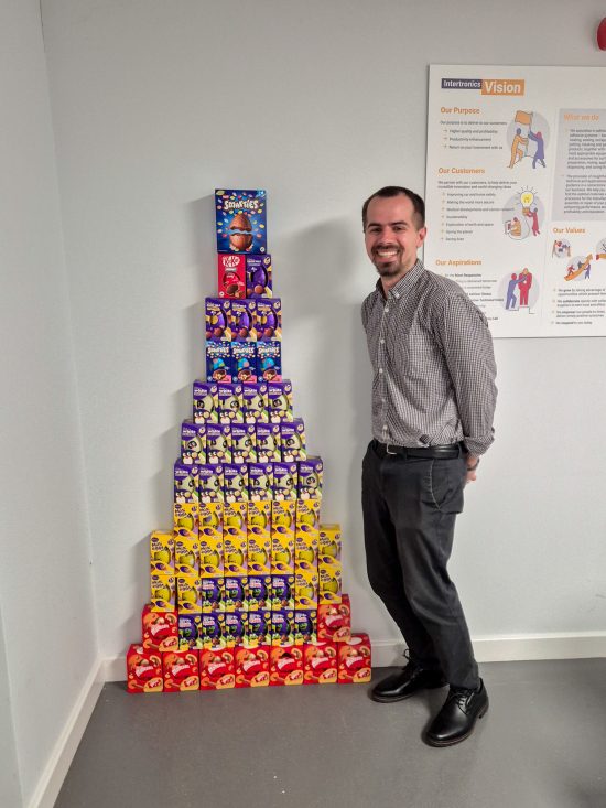 Jimmy next to a tower of easter eggs