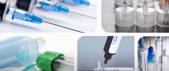 An assortment of images showing syringes, butterfly needles, and adhesive being applied