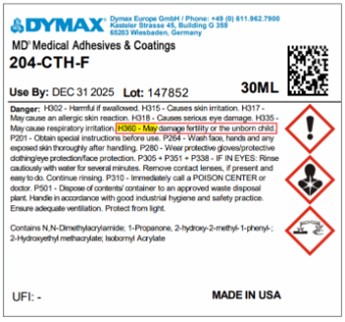 Example of new Dymax UV adhesive label in line with TPO changes coming into action in September 2025