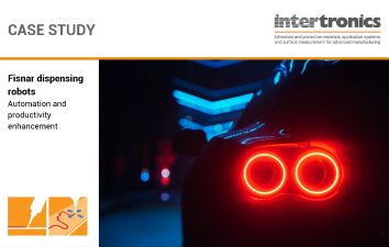 Image of F1 brake lights and the cover of a case study for robotics, adhesive and dispensing that was used to make them.